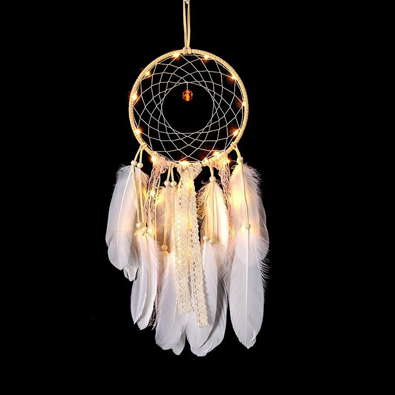 Repülő, kézzel készített álomfogó Led Light Dreamcatcher tollas medállal Kreatív üreges szélcsengő falra akasztható álomfogó
