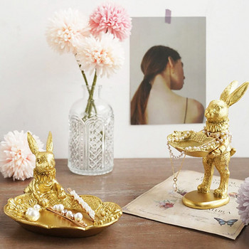 Χαριτωμένο χρυσό λαγουδάκι ειδώλιο κοσμήματα Δαχτυλίδι Δίσκος Διακοσμητικό Πασχαλινό άγαλμα κουνελιού Γλυπτό ζώων από ρητίνη Στολίδι γραφείου σπιτιού