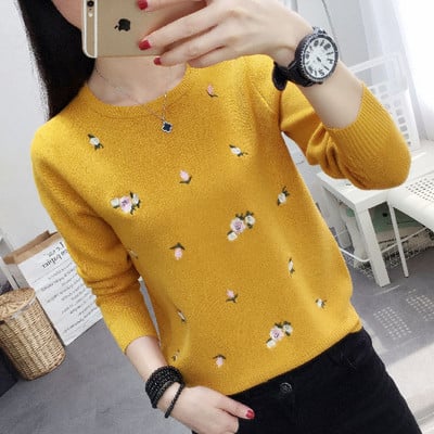 Modernus moteriškas megztinis ilgomis rankovėmis siuvinėti