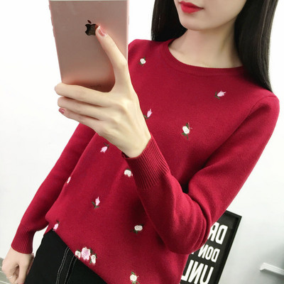 Modernus moteriškas megztinis ilgomis rankovėmis siuvinėti