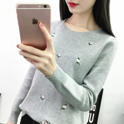 Modernus moteriškas megztinis ilgomis rankovėmis siuvinėti