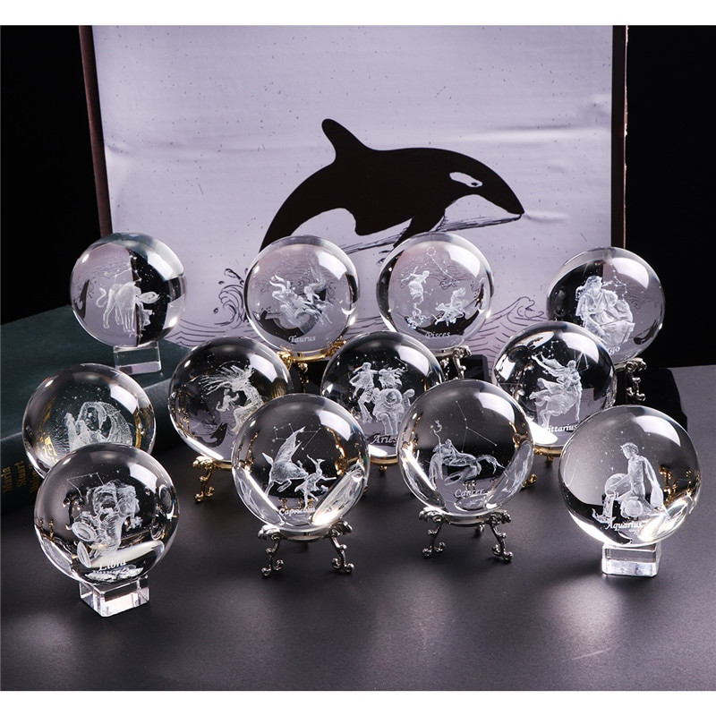 60 MM 3D Zodiako ženklo žvaigždės krištolinis rutulys, lazeriu graviruotas stiklo rutulys, krištolo amatai, namų dekoras, gimtadienio dovana