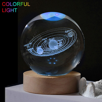 Loominguline kristallpall Crystal Planet Globe 3D lasergraveeritud päikesesüsteemi pall puutelülitiga LED-valgusaluse astronoomiakujundusega