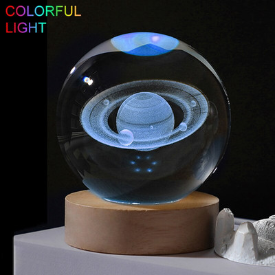 Loominguline kristallpall Crystal Planet Globe 3D lasergraveeritud päikesesüsteemi pall puutelülitiga LED-valgusaluse astronoomiakujundusega