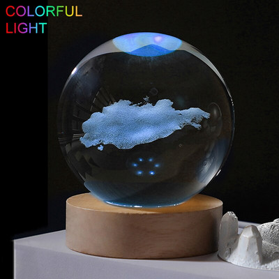 Loominguline kristallpall Crystal Planet Globe 3D lasergraveeritud päikesesüsteemi pall puutelülitiga LED-valgusaluse astronoomiakujundusega