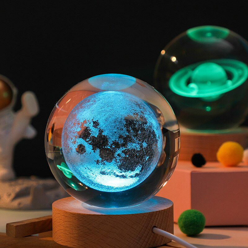 Loominguline kristallpall Crystal Planet Globe 3D lasergraveeritud päikesesüsteemi pall puutelülitiga LED-valgusaluse astronoomiakujundusega