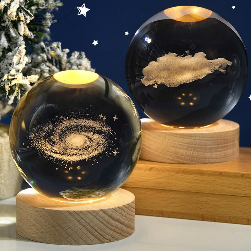 Loominguline kristallpall Crystal Planet Globe 3D lasergraveeritud päikesesüsteemi pall puutelülitiga LED-valgusaluse astronoomiakujundusega