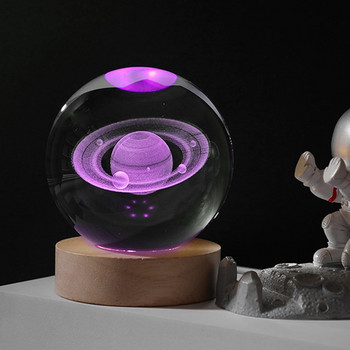 Креативна кристална топка Planet Globe 3D лазерно гравирана топка на слънчевата система Основа от масивно дърво Светеща кристална LED светлина Малък орнамент