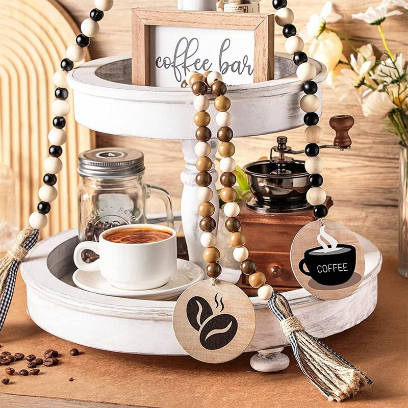 Nova 2kom drvena dekoracija poslužavnika za kavu Rustikalna seoska kuća s vijencem od drvenih perli Dekoracija kafića u nizovima Dekoracija pladnjeva na farmi