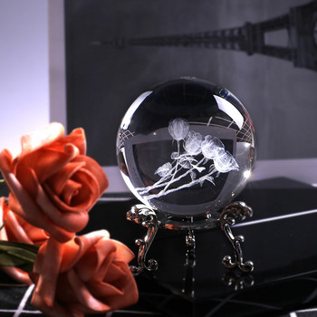60mm 3D χαραγμένο με λέιζερ τριαντάφυλλο κρυστάλλινη σφαίρα Μινιατούρα λουλουδιών σφαιρών γυάλινη σφαίρα σπιτιού Διακόσμηση δώρου για την ημέρα του Αγίου Βαλεντίνου