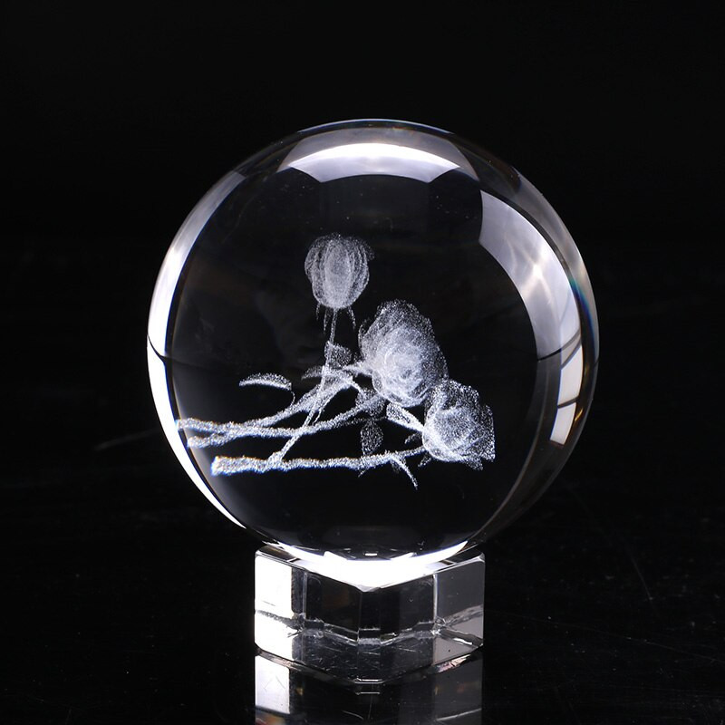 60 mm 3D laserski gravirana ruža Kristalna kugla Minijaturni cvjetni globus Staklena kugla Dekoracija doma Poklon ukras za Valentinovo