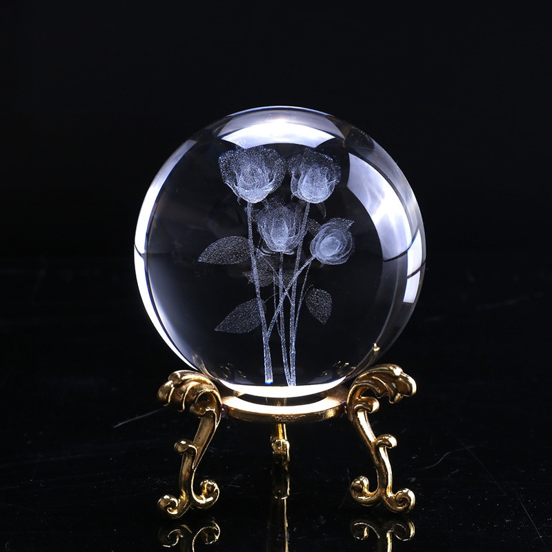 60 mm 3D laserski gravirana ruža Kristalna kugla Minijaturni cvjetni globus Staklena kugla Dekoracija doma Poklon ukras za Valentinovo