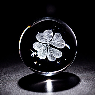 6 CM krištolinis rutulys, keturių lapų dobilų miniatiūros, 3D lazeriu graviruotas stiklo rutulys, popieriaus svoris namų dekoravimo papuošalai, dovanos, figūrėlė