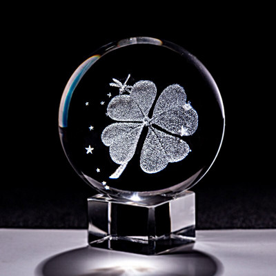 6 CM krištolinis rutulys, keturių lapų dobilų miniatiūros, 3D lazeriu graviruotas stiklo rutulys, popieriaus svoris namų dekoravimo papuošalai, dovanos, figūrėlė