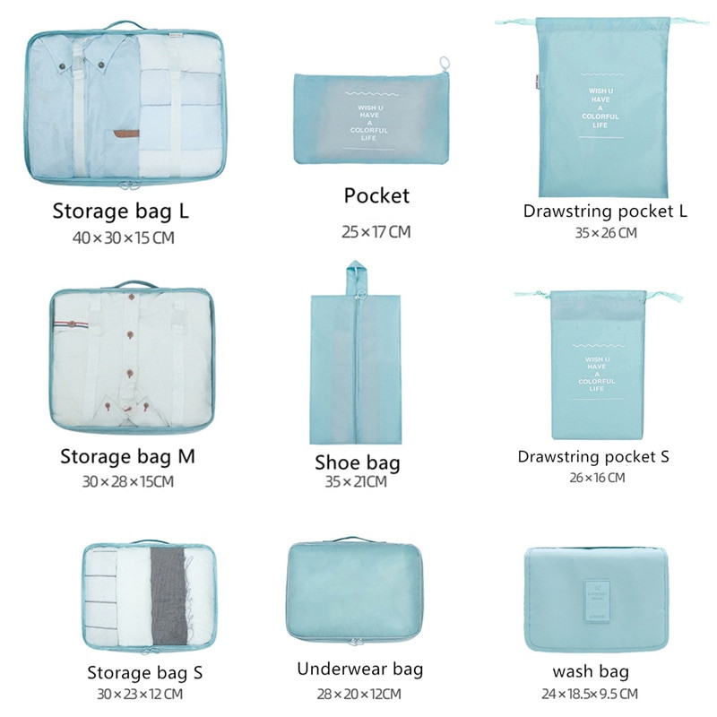 9 gab. Komplekts Ceļojumu organizators Uzglabāšanas somas Čemodāns Iepakošanas komplekts Uzglabāšanas somas Pārnēsājamas Bagāžas Organizators Apģērbi Apavi Sakārtots Maciņš