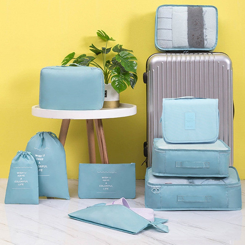 9 gab. Komplekts Ceļojumu organizators Uzglabāšanas somas Čemodāns Iepakošanas komplekts Uzglabāšanas somas Pārnēsājamas Bagāžas Organizators Apģērbi Apavi Sakārtots Maciņš