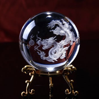 60 mm 3D Crystal Ball Crystal Craft Ornament Стъкло, лазерно гравиран миниатюрен модел на дракон Сфера Аксесоари за декорация на работния плот