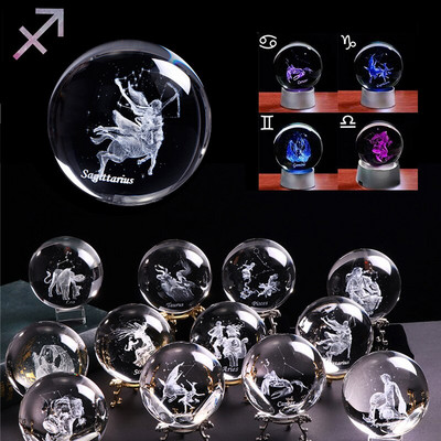 60mm/80mm 3D Zodiac Sign Star Crystal Ball με λέιζερ χαραγμένη γυάλινη σφαίρα Crystal Craft Διακόσμηση σπιτιού Δώρα γενεθλίων