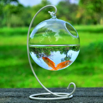 1 комплект кръгла форма, висяща стъклена купа за аквариумни рибки, аквариум, ваза за цветя и растения с 12 см височина на стойката Декорация на дома