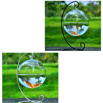 1 комплект кръгла форма, висяща стъклена купа за аквариумни рибки, аквариум, ваза за цветя и растения с 12 см височина на стойката Декорация на дома
