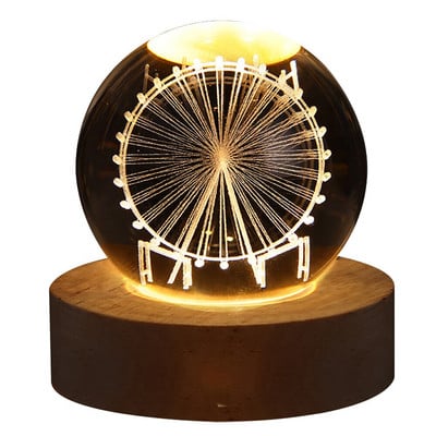 Švytintis krištolo rutulio naktinis šviestuvas medžio masyvo pagrindu Šviečianti planetinė Galaxy USB maitinimo lemputė prie lovos Kalėdų vaikiška dovanų naktinė lempa