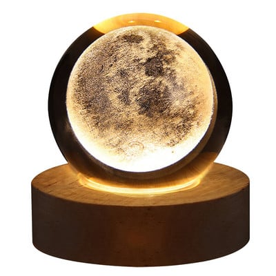 Švytintis krištolo rutulio naktinis šviestuvas medžio masyvo pagrindu Šviečianti planetinė Galaxy USB maitinimo lemputė prie lovos Kalėdų vaikiška dovanų naktinė lempa