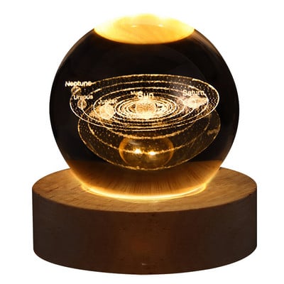 Švytintis krištolo rutulio naktinis šviestuvas medžio masyvo pagrindu Šviečianti planetinė Galaxy USB maitinimo lemputė prie lovos Kalėdų vaikiška dovanų naktinė lempa