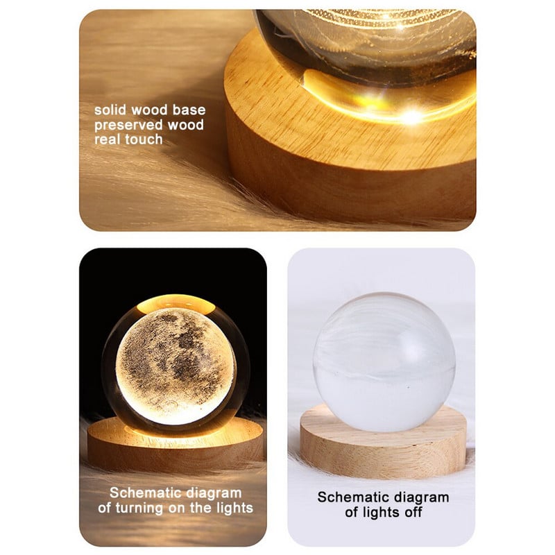 Švytintis krištolo rutulio naktinis šviestuvas medžio masyvo pagrindu Šviečianti planetinė Galaxy USB maitinimo lemputė prie lovos Kalėdų vaikiška dovanų naktinė lempa