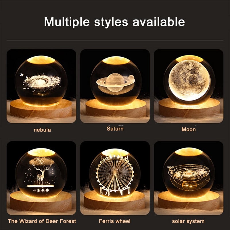Švytintis krištolo rutulio naktinis šviestuvas medžio masyvo pagrindu Šviečianti planetinė Galaxy USB maitinimo lemputė prie lovos Kalėdų vaikiška dovanų naktinė lempa