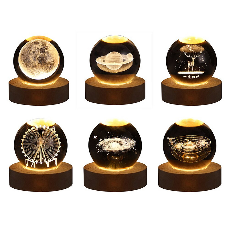 Švytintis krištolo rutulio naktinis šviestuvas medžio masyvo pagrindu Šviečianti planetinė Galaxy USB maitinimo lemputė prie lovos Kalėdų vaikiška dovanų naktinė lempa