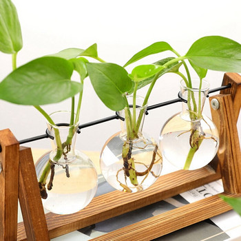 Настолна стъклена сеялка Ваза с крушка Въздушно растение Терариум с дървена стойка за хидропоника Растения Резници Офис Декорация