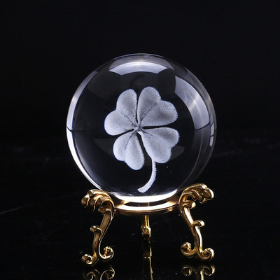 6 CM 3D lazeriu išgraviruotas keturių lapų krištolinis rutulys miniatiūrinis stiklo gaublys krištolinis amatų namų dekoras Laimingo kamuoliuko ornamento dovana