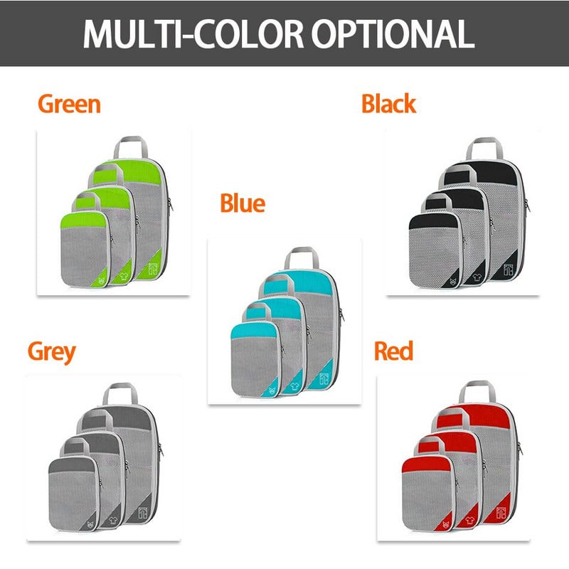 3 vnt. kelioninis suspaudžiamas laikymo krepšio rinkinys, nešiojamasis pakavimo kubelių bagažo tvarkytuvas, tinklinė vizuali bagažo saugykla