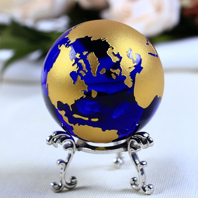 6 εκ. Μπλε χρυσό Κρυστάλλινο Γη Μοντέλο Feng Shui Glass Globe Κρυστάλλινη σφαίρα στολίδια ειδώλιο Διακόσμηση σπιτιού Αξεσουάρ Δώρα