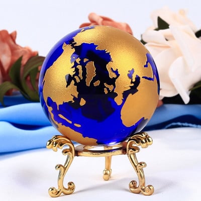 6cm Blue Gold Crystal Earth Model Feng Shui Glob de sticlă Glob de cristal Sferă Ornamente Figurină Decoratiuni Accesorii Cadouri
