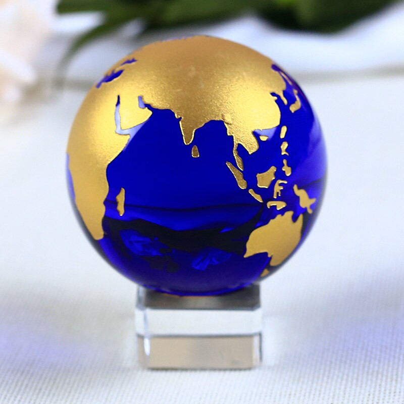 6cm Blue Gold Crystal Earth Model Feng Shui Glob de sticlă Glob de cristal Sferă Ornamente Figurină Decoratiuni Accesorii Cadouri