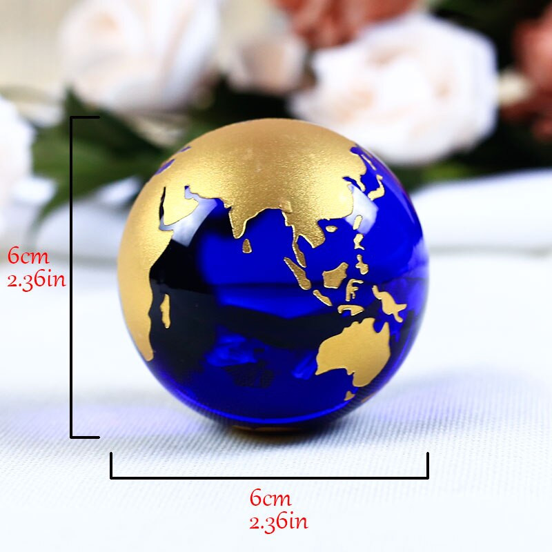 6cm Blue Gold Crystal Earth Model Feng Shui Glob de sticlă Glob de cristal Sferă Ornamente Figurină Decoratiuni Accesorii Cadouri