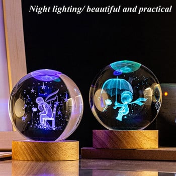 6/8 см светеща кристална топка Нощна лампа 3D лазерно гравирана топка на планетата на Слънчевата система и LED светлинна основа за подаръци Декор за домашен офис