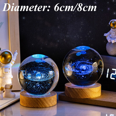6/8 cm-es izzó kristálygömb éjszakai fény 3D lézergravírozott Naprendszer bolygógolyó és LED fényalap ajándékokhoz otthoni irodai dekorációhoz