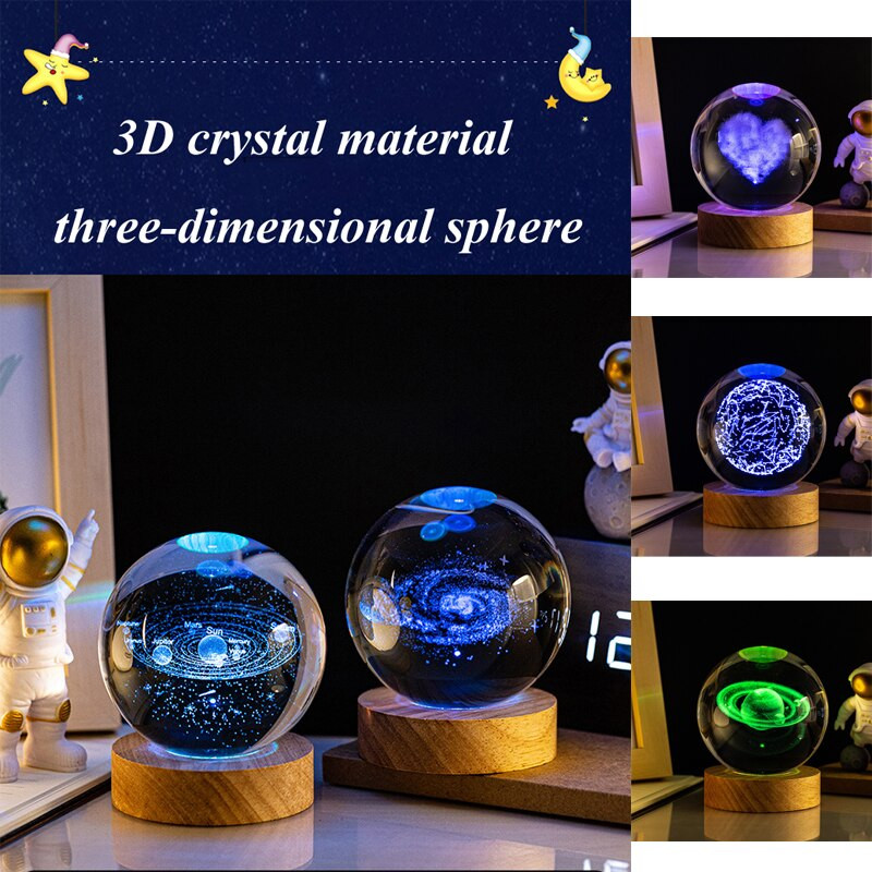 6/8 cm žėrintis krištolo rutulys naktinis šviestuvas 3D lazeriu graviruotas Saulės sistemos planetos rutulys ir LED šviesos pagrindas dovanoms namų biuro dekoravimui