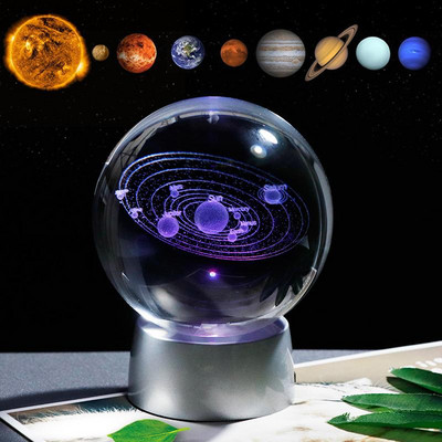 Minge cadou cu sistem solar de cristal cu bază LED colorată, cu taxă, Planete din sticlă, Favoruri de petrecere Cadou cadou pentru Astrophile A1