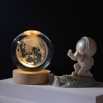 Κρυστάλλινη σφαίρα Crystal Astronaut Planet Globe 3D Μπάλα ηλιακού συστήματος χαραγμένη με λέιζερ με διακόπτη αφής LED βάση φωτός Astronomy Gif