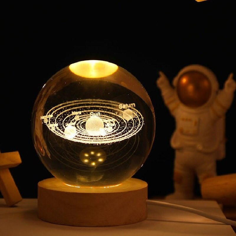 Minge de cristal Cristal Astronaut Planeta Glob 3D Gravat Laser Minge Sistem Solar cu comutator tactil Baza de lumină LED Astronomie Gif