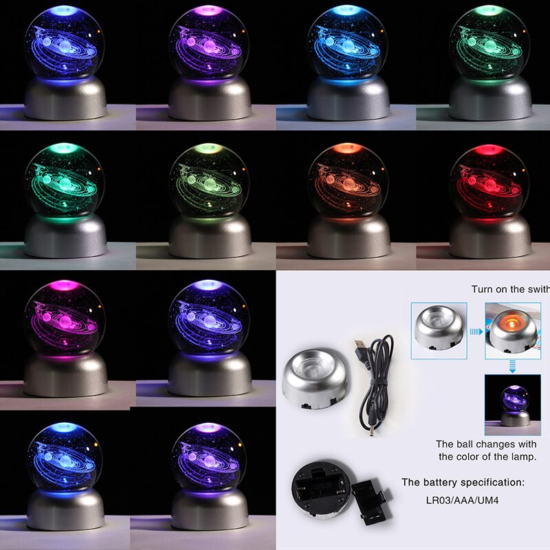 6 cm-es 3D lézergravírozott új napelemes földgömb Galaxy Stars Planets golyós LED fényalappal lakberendezési csillagászati ajándék