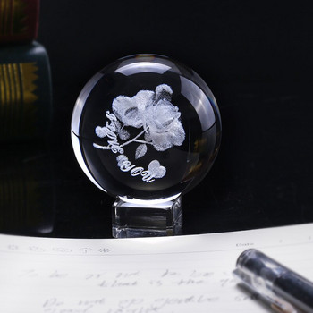 60 мм 3D розова кристална топка Миниатюрно цвете Глобус Лазерно гравиране Кварцова сфера Начало Декор Сватбен подарък Орнамент Подарък за рожден ден