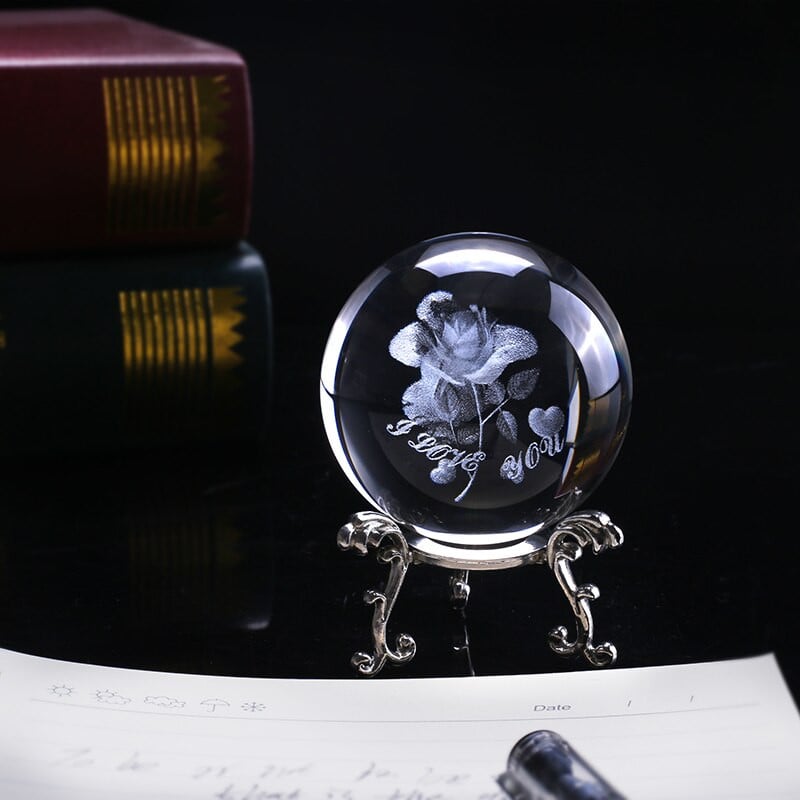 60 mm 3D rožių krištolinis rutulys miniatiūrinis gėlių gaublys, graviruotas lazeriu kvarco sfera, namų dekoras, vestuvių dovanos papuošalas, gimtadienio dovana