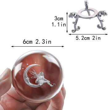 H&D 60 mm 3D топка, лазерно гравирана кристална топка, стъклена художествена изработка, миниатюрна сфера, аксесоари за домашен декор, коледен подарък, метална стойка
