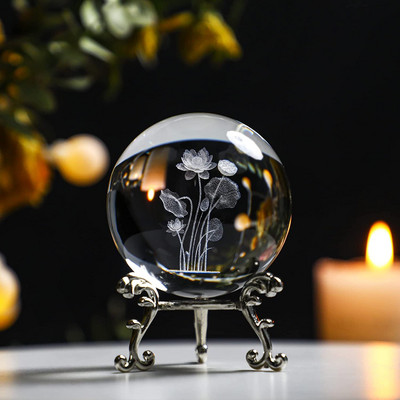 H&D 60 mm-es 3D golyós lézergravírozott kristálygömb üveg Art Craft miniatűr gömb lakberendezési kiegészítők karácsonyi ajándék fémállvány