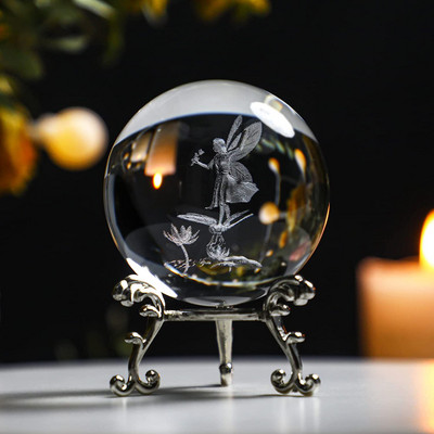 H&D 60 mm-es 3D golyós lézergravírozott kristálygömb üveg Art Craft miniatűr gömb lakberendezési kiegészítők karácsonyi ajándék fémállvány