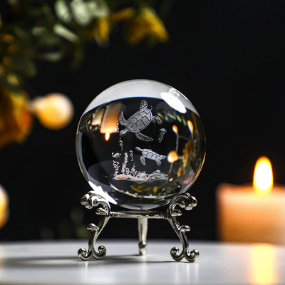 H&D 60 mm-es 3D golyós lézergravírozott kristálygömb üveg Art Craft miniatűr gömb lakberendezési kiegészítők karácsonyi ajándék fémállvány